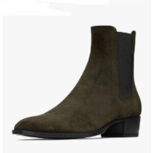 FOWT Black Olive Men Fashion Round Toe Block Low Heel Stretchy Ankle Boots